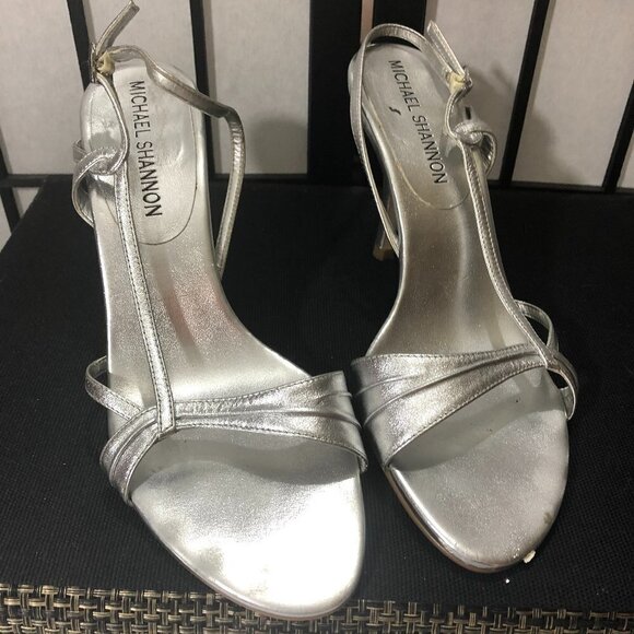 MICHAEL SHANNON SILVER "ERA" 7.5M HEELED SANDALS - Picture 1 of 3